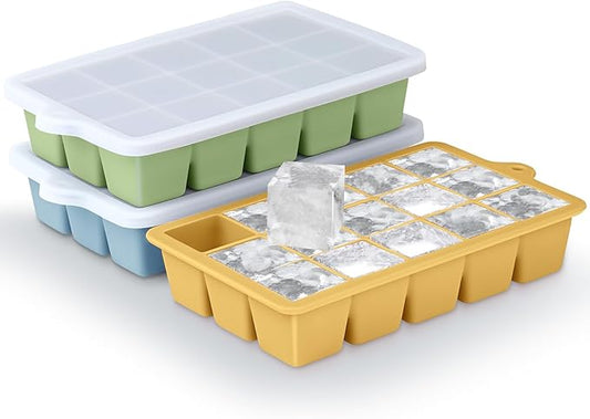 Silicone Ice Cube Trays 3Packs, Easy Release Ice Cube Molds with Lid, Freezer Stackable Ice Maker for Whiskey, Baby Food, BPA Free (3, Blue+Green+Yellow) by Unknown