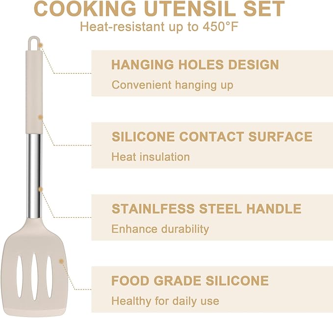 E-far Silicone Cooking Utensils Set, 7 Pcs Heat Resistant Kitchen Utensils with Stainless Steel Handle, Slotted Turner, Spoon, Soup Ladle, Pasta Server, Skimmer, Tongs for Nonstick Cookware, Khaki - Image 5