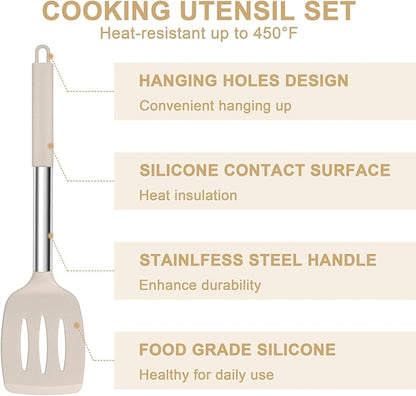 E-far Silicone Cooking Utensils Set, 7 Pcs Heat Resistant Kitchen Utensils with Stainless Steel Handle, Slotted Turner, Spoon, Soup Ladle, Pasta Server, Skimmer, Tongs for Nonstick Cookware, Khaki - Image 5