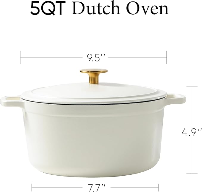 CAROTE 5QT Enameled Cast Iron Dutch Oven Pot with Lid, Cream White - Image 2