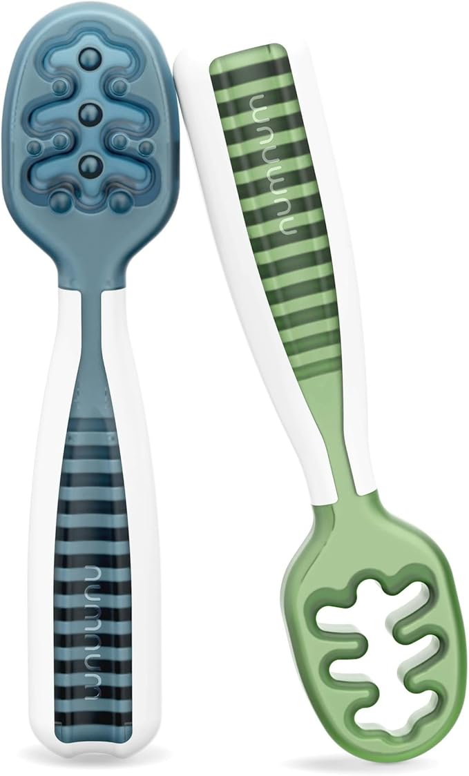 NumNum Baby Spoons Set, Baby Essentials Pre-Spoon GOOtensils for 6+ Months, First Stage Self-Feeding Spoons for Baby Led Weaning (BLW), Silicone Toddler Utensils, BPA-Free, 2 Pack Blue/Green by NumNum