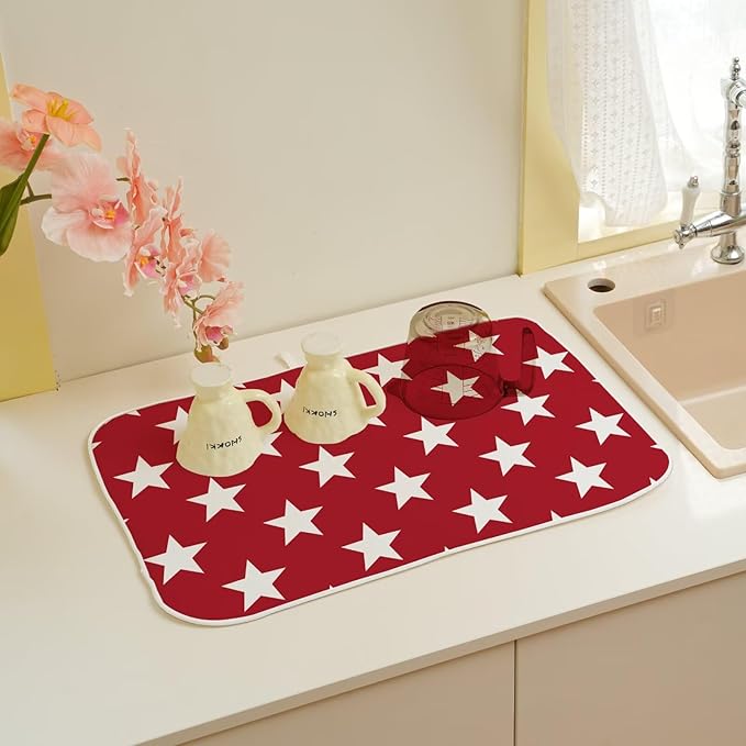 4th of July Dish Drying Mat 18 x 24 inch Independence Day Red Stars Decorative Drying Mats Microfiber Absorbent Holiday Patriotic Dish Washable Draining Mat for Kitchen Counter Decor