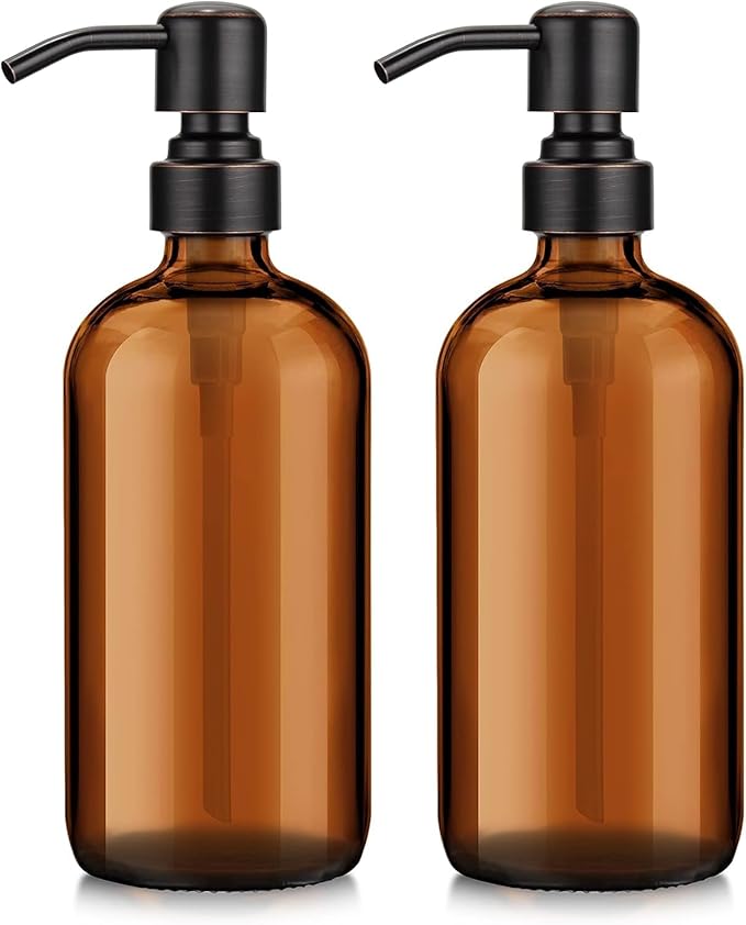 AmazerBath Amber Glass Soap Dispensers, 2 Glass Amber Pump Bottles, 17 Oz Dish Soap Dispenser, Kitchen Bathroom Hand Soap Dispensers for Hand Sanitiser, Shampoo, Lotion, Shower Gel Conditioner by AmazerBath