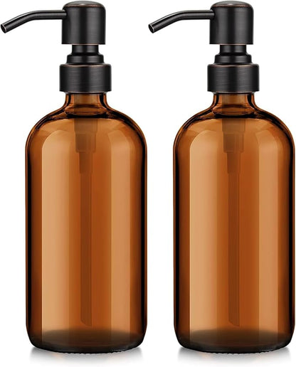 AmazerBath Amber Glass Soap Dispensers, 2 Glass Amber Pump Bottles, 17 Oz Dish Soap Dispenser, Kitchen Bathroom Hand Soap Dispensers for Hand Sanitiser, Shampoo, Lotion, Shower Gel Conditioner by AmazerBath