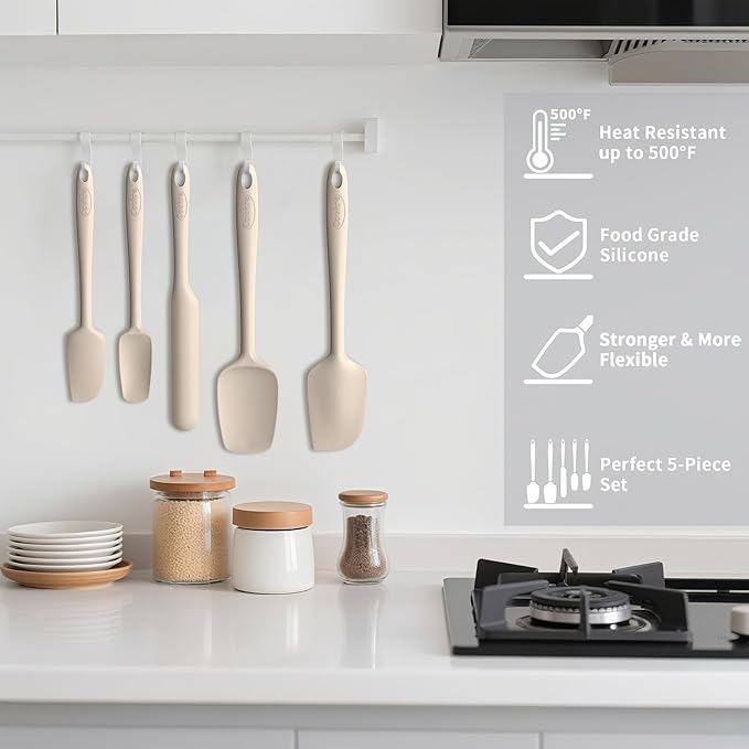 Coukre Silicone Spatula Set of 5,High Temperature Resistant, Food Grade Silicone, Dishwasher Safe, for Baking, Cooking (Pure Beige) - Image 4