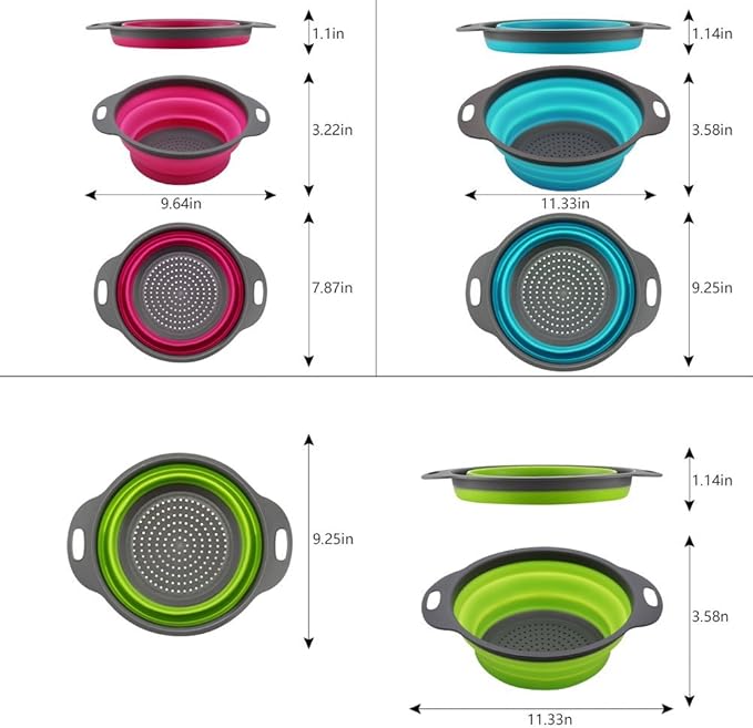 Qimh Collapsible Colander Set of 3 Round Silicone Kitchen Strainer Set - 2 pcs 4 Quart and 1 pcs 2 Quart- Perfect for Draining Pasta, Vegetable and fruit (green,blue, purple) - Image 2