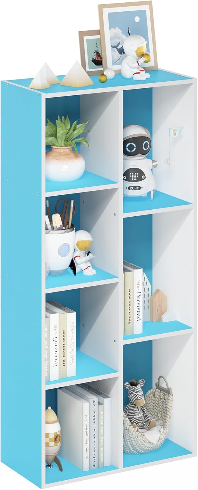 Furinno LUDER Book Shelf, 7-Cube Bookshelf, Bookcase with Open Shelves, 9.4 x 19.5 x 41.7, Easy Assembly, for Living Room, Bedroom, Home Office, White/Light Blue by Furinno-FitsYourSpaceFitsYourBudget