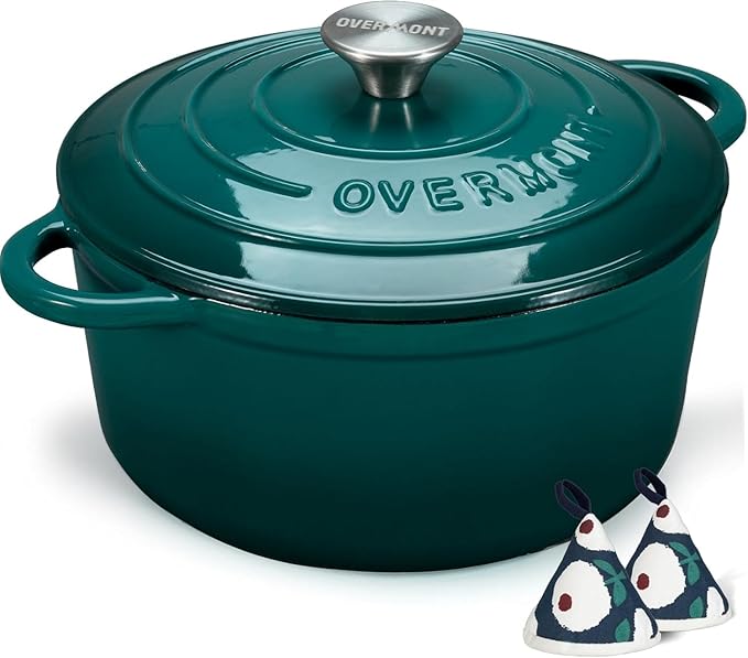 Overmont Enameled Cast Iron Dutch Oven - 5.5QT Pot with Lid Cookbook & Cotton Potholders - Heavy-Duty Cookware for Braising, Stews, Roasting, Sourdough Baking bottle green - Image 8