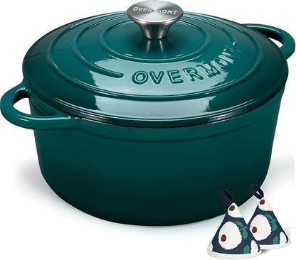 Overmont Enameled Cast Iron Dutch Oven - 5.5QT Pot with Lid Cookbook & Cotton Potholders - Heavy-Duty Cookware for Braising, Stews, Roasting, Sourdough Baking bottle green - Image 8