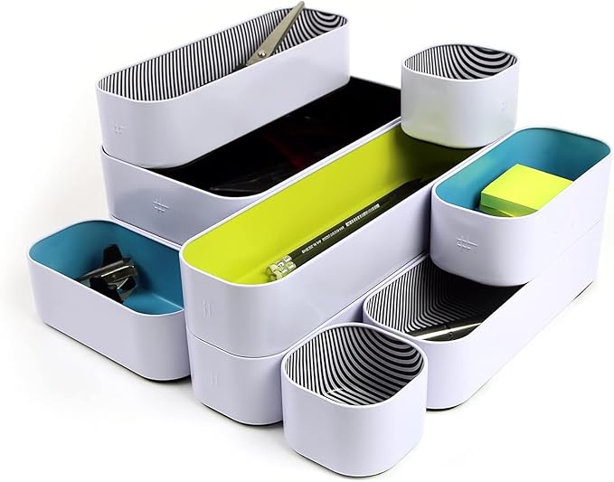 Three by Three Seattle 10 Piece Metal Organizer Tray Set for Storing Makeup, Stationery, Utensils, and More in Office Desk, Kitchen and Bathroom Drawers (2 Inch, Assorted Colors, Stripes) - Image 4