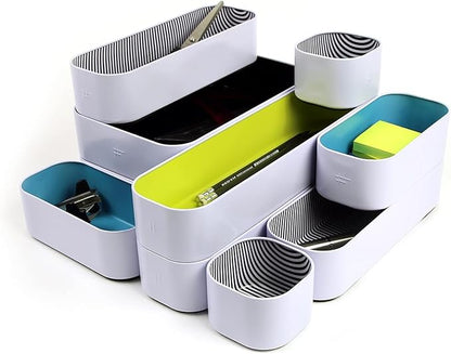 Three by Three Seattle 10 Piece Metal Organizer Tray Set for Storing Makeup, Stationery, Utensils, and More in Office Desk, Kitchen and Bathroom Drawers (2 Inch, Assorted Colors, Stripes) - Image 4