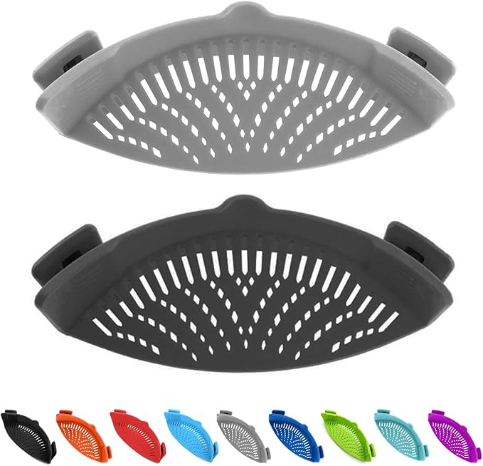 Clip on Kitchen Food Strainer for Spaghetti, Pasta, Meat, Fruits, Vegetables. Silicone Kitchen Food Strainer for Pots & Bowls. (Grey&Black) by Qiunizadila