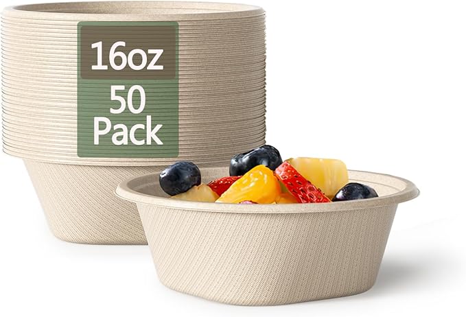 Homestockplus 16 Oz Disposable Bowls Heavy Duty Small Paper Bowls made of 100% Compostable Heavy-duty Quality Natural Bagasse Biodegradable Bowls for Ice Cream, Dessert And Chili ect.[50 Pack] by Homestockplus