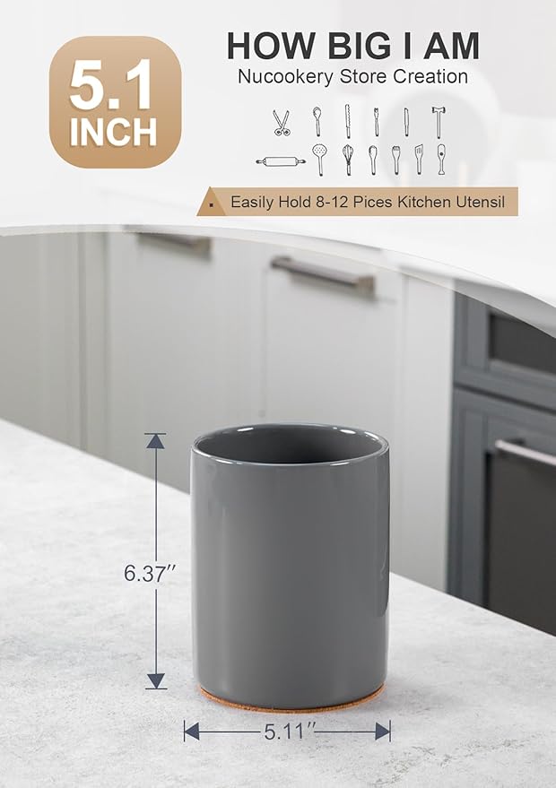 Nucookery Utensil Holder, 6.4" Ceramic Kitchen Utensil Holder for Countertop with Protection Cork Bottom, Vintage Farmhouse Kitchen Decor for Counter (Gray) - Image 2