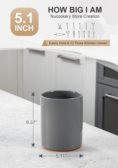 Nucookery Utensil Holder, 6.4" Ceramic Kitchen Utensil Holder for Countertop with Protection Cork Bottom, Vintage Farmhouse Kitchen Decor for Counter (Gray) - Image 2