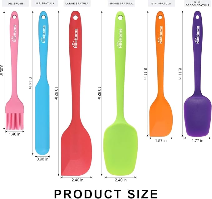 NileHome Silicone Spatula Set, 6 Pieces Food Grade Kitchen Utensils with Silicone Brush Heat Resistant Dishwasher Safe BPA-Free Rubber Spatula for Scraping, Baking, Cooking, Mixing-Multicolor - Image 2