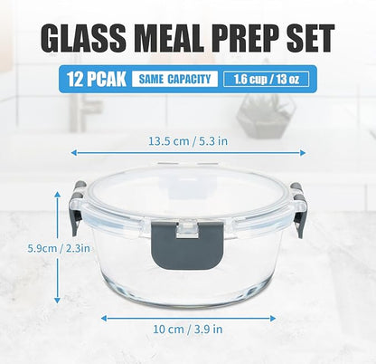 GULFLIN 12 Pack Small Glass Food Storage Containers with Lids Airtight, 13oz Leak-Proof Meal Prep Containers Set, Freezer to Microwave Safe, Dishwasher Safe