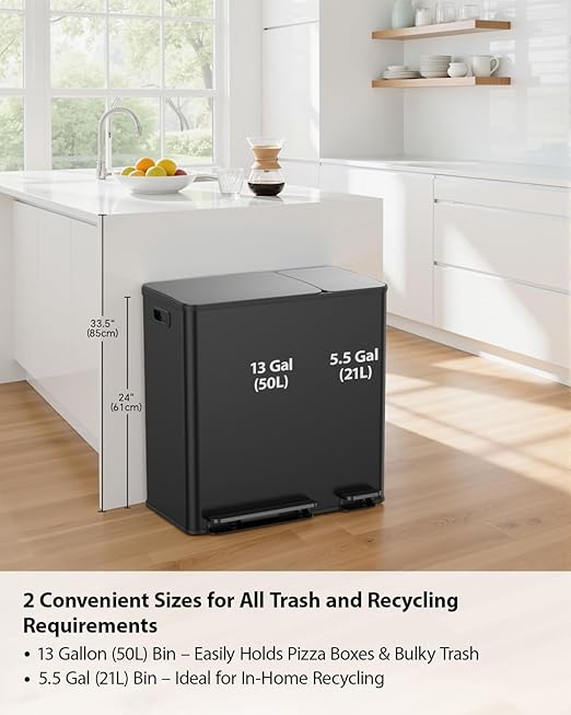 Lovewind Double Trash Can Kitchen, 13+5.5 Gallon Stainless Steel Dual Trash and Recycle Bin Combo with Silent Close Lid, Heavy-Duty Foot Pedal, Easy to Clean Garbage Can for Large Families, Black