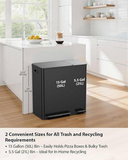 Lovewind Double Trash Can Kitchen, 13+5.5 Gallon Stainless Steel Dual Trash and Recycle Bin Combo with Silent Close Lid, Heavy-Duty Foot Pedal, Easy to Clean Garbage Can for Large Families, Black