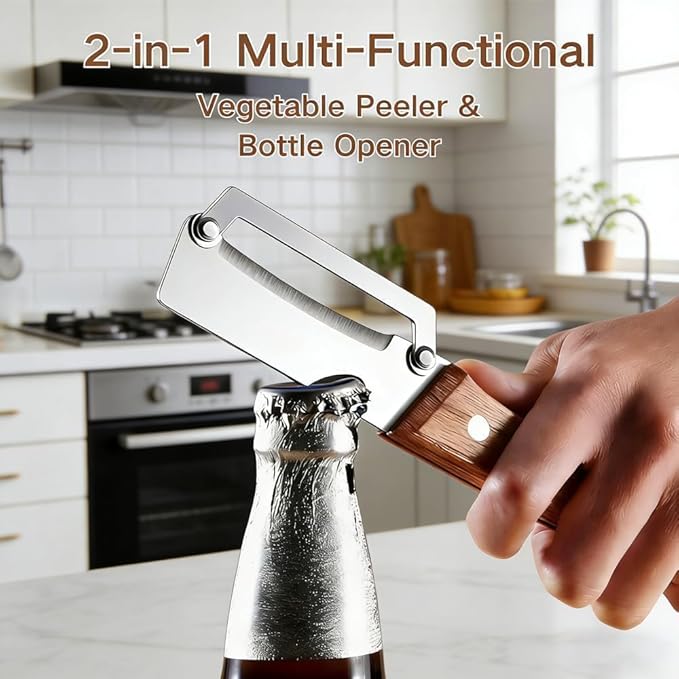 2 Pack Multifunctional Vegetable Peeler, Peelers for Kitchen with Bottle Opener, Zero Snag Wooden Peeler, 2 in 1 Stainless Steel Peeler with Wooden Handle, Potato, Fruit, Pumpkin - Image 4