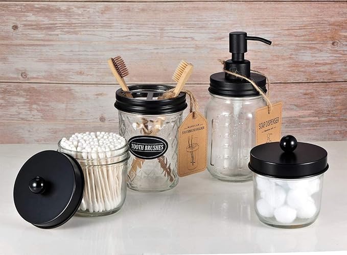 Amolliar Mason Jar Liquid Soap Dispenser Lid, Rust Proof Stainless Steel, Cute Farmhouse Decor for Kitchen, Bathroom, Bath, Refill Liquid Soap Pump for Hand Soap, Dish Soap, Lotion Soap, Black 1 Pack