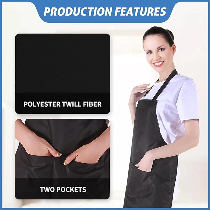 8/12/24 Pack Plain Bib Aprons Bulk, Black Commercial Apron with 2 Pockets, Unisex Apron for Adults Painting BBQ