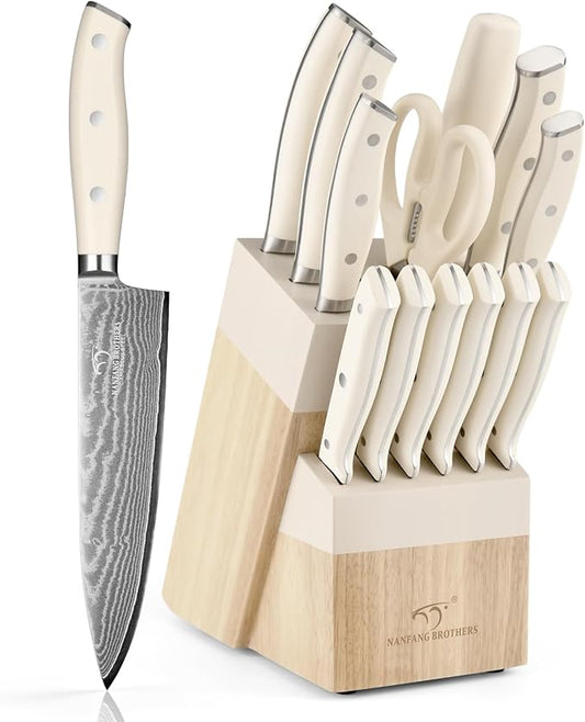 NANFANG BROTHERS Damascus Kitchen Knife Set 14 Pieces with Shears & Sharpener - VG10 Damascus Steel, ABS Ergonomic Handle, Wooden Block Storage White