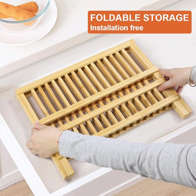 KKTONER Bamboo Dish Drying Rack 2 Tier Foldable Plate Organizer Collapsible Plate Organizer Holder for Kitchen Countertop (Natural) - Image 6