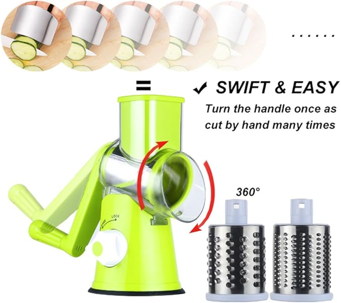 Cambom Rotary Cheese Grater Hand Crank Cheese Shredder for Fresh Cheese, Vegetable, Nuts,Non-slip Suction Base, Free Cleaning Brush Three Blades, Green - Image 9