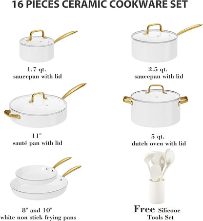 Ceramic Cookware Set, VONIKI 16 Pcs Pots and Pans Set Non Stick, Kitchen Cookware Sets with Cooking Utensils Set, Non Toxic Cookware Set White Gold Pan Set for Cooking Pot Oven & Dishwasher Safe, Gift - Image 2