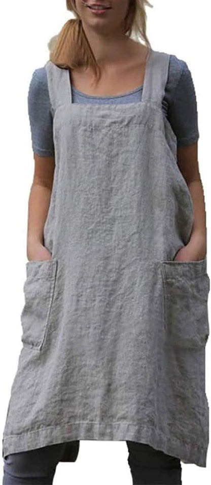 VLZUFE Cotton Linen Apron for women Cross Back Apron Pinafore Dress for Baking Cooking Gardening Work
