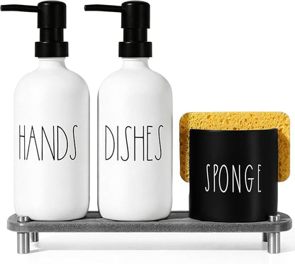 Kitchen Soap Dispenser Set,16.9 fl oz Hand and Dish Soap Dispensers with Tray, Kitchen Soap Dispenser Set with Sponge Holder, Instant Dry Tray,Kitchen Decor(White&Black)