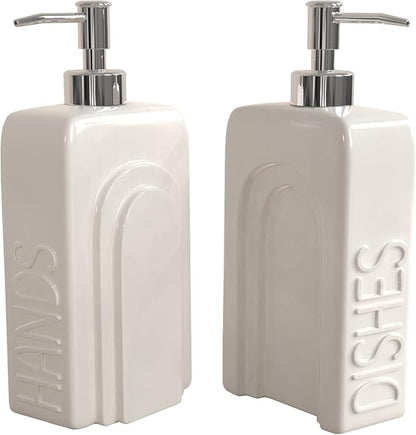 Soap Dispenser Set with Stainless Steel Pump, 2 Pack Ceramic Refillable Dish Soap and Hand Soap Dispenser for Kitchen, Bathroom, Matte White - Image 2