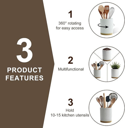 360° Rotating Utensil Holder for Kitchen Counter, 7.6'' Extra Large Utensil Caddy for Countertop, Modern Utensil Organizer for Spatula, with Rotatable Bamboo Base, White - Image 4