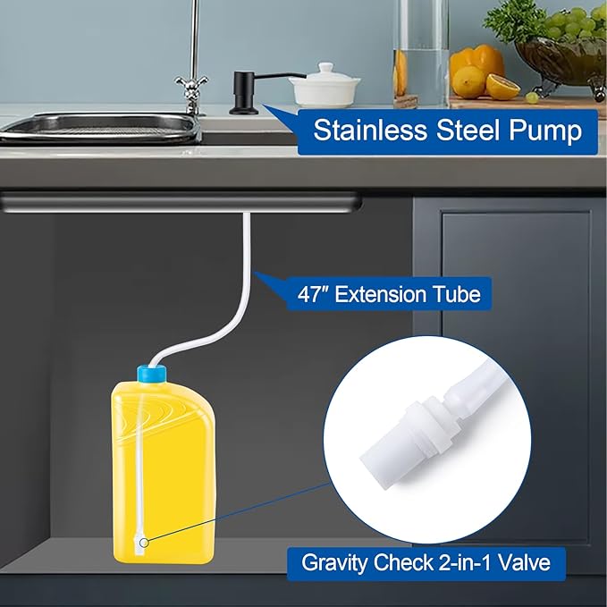 Husfunov Soap Dispenser for Kitchen Sink, Built in Sink Soap Dispenser (Matte Black), Countertop Dish Soap Dispenser Stainless Steel Pump with 47" Extension Tube kit, No Need to Frequent Refills - Image 3