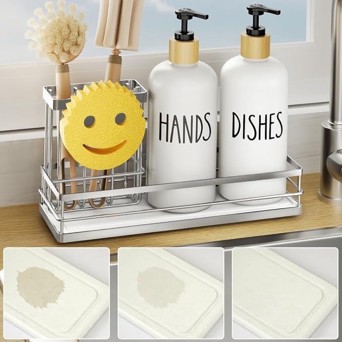 Moforoco Kitchen Dish Soap Dispenser Set, 16OZ Glass Bottle, Hand and Dish Soap Dispenser Set, Instant Dry Tray, Brush Holder with Smiley Face Sponge Holder (Silver Tray+White Bottle) by MOFOROCO