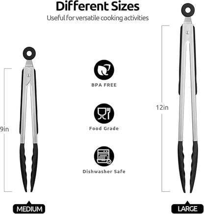 600ºF Heat Resistant Kitchen Tongs: U-Taste 9+12 inch Silicone Cooking Tong Set with Firm Sealed Non Stick Rubber Tips and Silicon Coated 18/8 Stainless Steel Handle for Serving Grilling Salad (Black) - Image 2