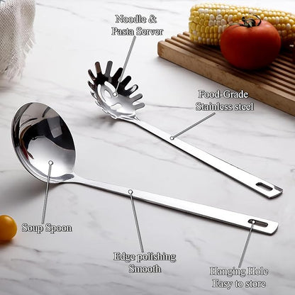 Berglander Kitchen Ladle Spoon and Spaghetti Spoon Set 2 pieces, Pasta Spoon Stainless Steel Kitchen Utensils for Cooking, Stirring, Serving Spaghetti, Soup, Sauce, Dishwasher Safe - Image 6