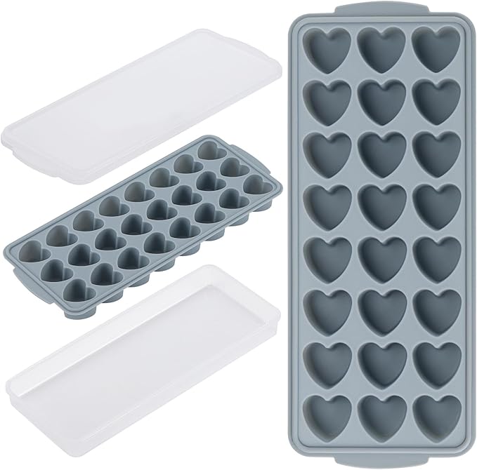 Heart Shaped Ice Cube Trays with Lid and Bins, Silicone Chocolate Mold, Easy Release Ice Trays, 24-Cavity Heart Molds for Ice Cubes, Gelatine, Baking and Candy by BTYMS