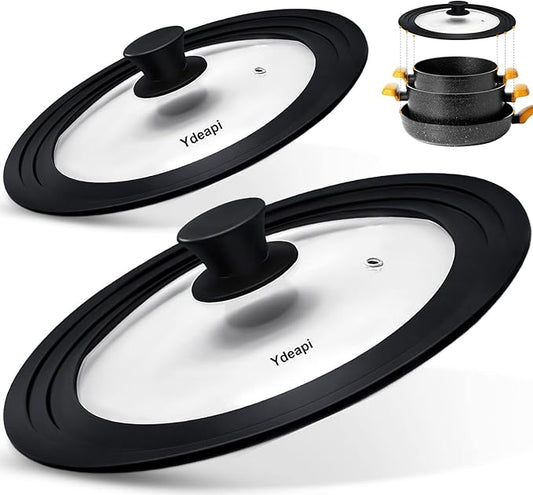 Ydeapi Universal Lids for Pots, Pans & Skillets - Fits 6.5", 7" & 8" Diameter, 9.5", 10" & 11" Diameter Cookware，Tempered Glass with High Heat Resistant Silicone Rim-2PK Cookware（2PK）
