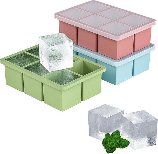 Large Ice Cube Tray for Whiskey 3 Pack, HANCELANT Big Silicone Square Ice Cube Mold with Removable Lid, 2'' Huge Square Ice Cubed Tray for Whisky and Cocktail(Blue+Green+Pink) by HANCELANT