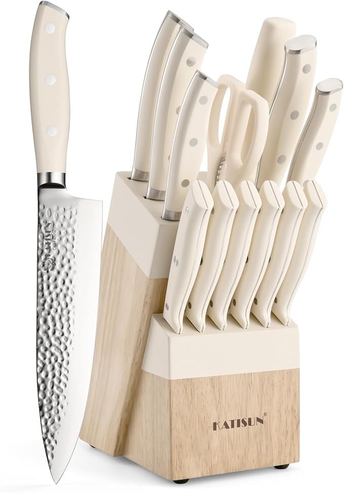 Kitchen Knife Set,14-Piece Knife Set With Block Wooden, Self Sharpening For Chef Knife Set, High Carbon German Stainless Steel Hammered Collection Knife Block Set, Dishwasher Safe Cutlery, Cream by KATISUN