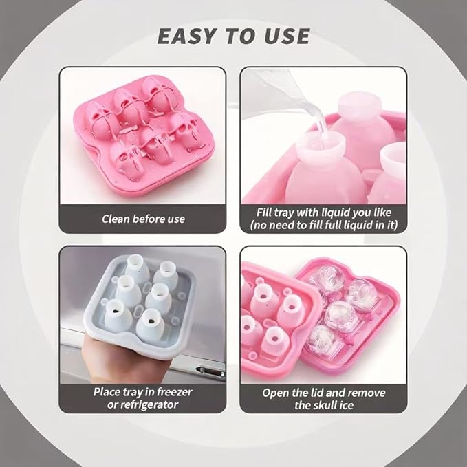 Skull Ice Cube Mold, 6-Cavity Silicone Ice Tray for Whiskey, Cocktails, and Beverages, Food-Grade Flexible Ice Maker for Halloween & Party Drinks, Easy Release & Dishwasher Safe (Pink)