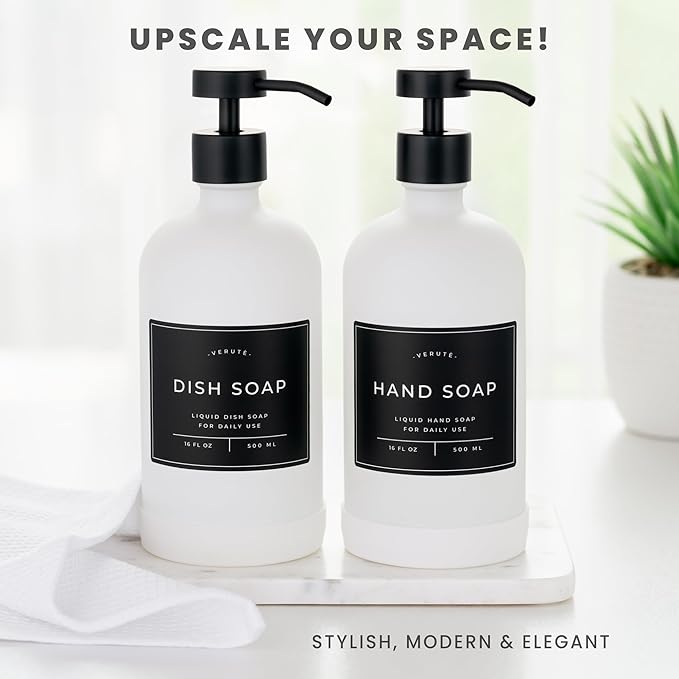Hand and Dish Soap Dispenser for Kitchen and Bathroom, Set of 2 16 Oz Glass Bottles, Stainless Steel Pumps, Non-Slip Silicone Base, 27 Waterproof Labels (Matte White Bottle/Black Pump) - Image 3