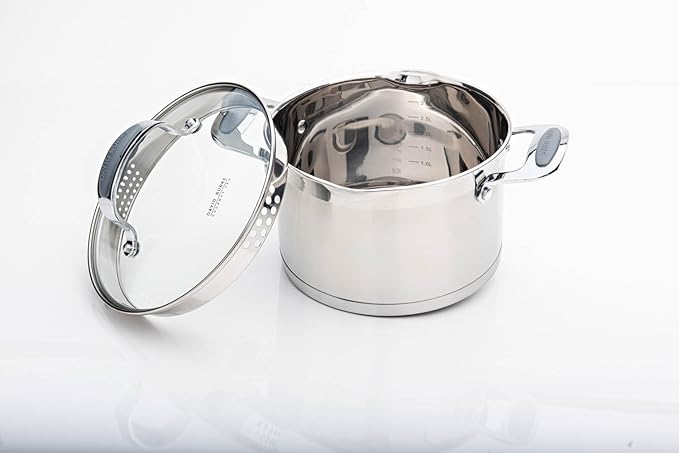 David Burke Gourmet Pro Stature Stainless Steel 4-Qt Sauce pot with Glass Straining Lid and Pour Spouts, EZ-Grip Riveted Handles for Durability and Control, Oven Safe - Brushed Gray
