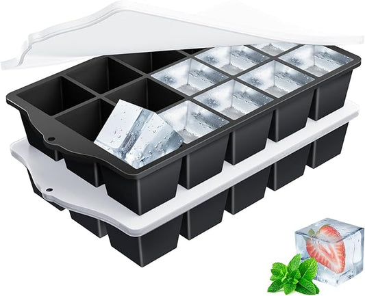 Ice Cube Trays for Freezer, 2 Pack Easy Release Slicone Ice Cube Tray with Lid, BPA Free Stackable Flexible Ice Molds 15 Square Reusable Ice Cubes for Whiskey, Baby Food, Iced Coffee (Black) by Unknown