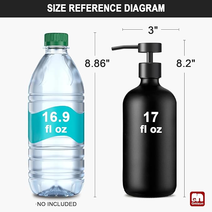 GMISUN Black Soap Dispenser, 2 Pack Matte Black Hand Soap Dispensers for Bathroom, 17 Fl Oz Glass Dish Soap Dispenser for Kitchen with Stainless Steel Pump, Modern Liquid Soap Bottle Set - Image 2