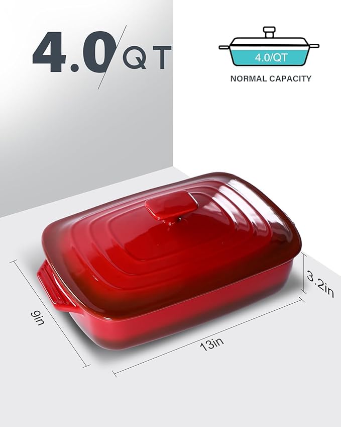 Lareina Large Ceramic Casserole Dish with Lid, 4.0 Quart Covered Rectangular Stoneware Baking Dishes for Oven, Deep 9x13 Inch Lasagna Pans for Baking and Serving, Perfect for Christmas gifts, Red - Image 2