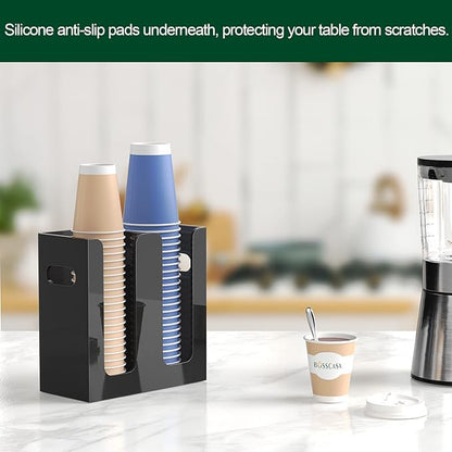 Disposable Coffee Cup Dispenser with Handles, Countertop or Wall Mount Hot/Cold Drink Cup and Lid Holder - Bathroom/Kitchen/Office Acrylic Cup Lid Storage Organizer (2 Compartments, Black)