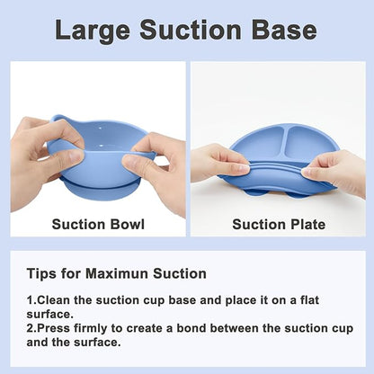 Silicone Baby Feeding Set | Baby Led Weaning Supplies Includes Suction Bowls and Divided Plates, Adjustable Bib, Baby Utensils Spoons and Forks,Cup | Baby Feeding Essentials (Deep Blue)